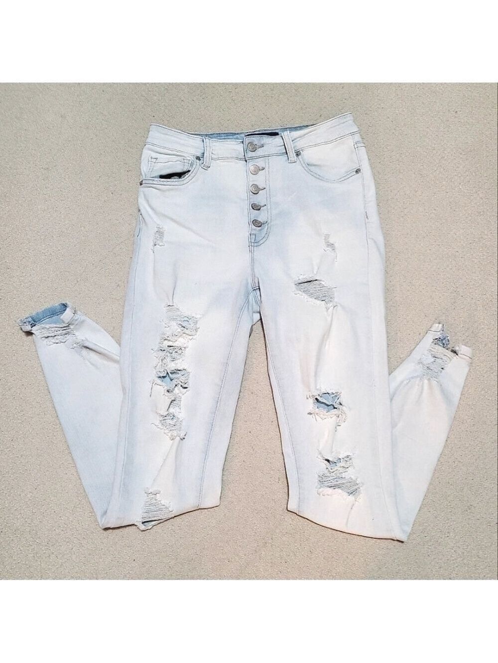 Aero Button Fly Super High Rise Jegging Light Wash Distressed Rips Raw Hem SZ6